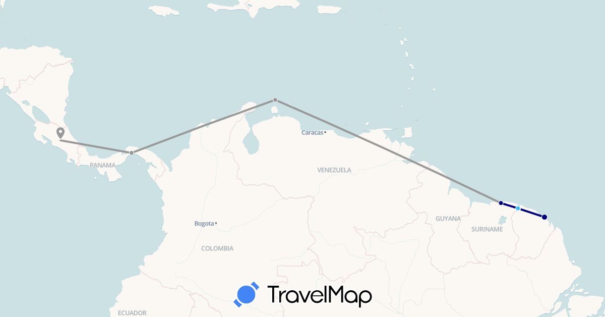 TravelMap itinerary: driving, plane, boat in Aruba, Costa Rica, French Guiana, Panama, Suriname (North America, South America)